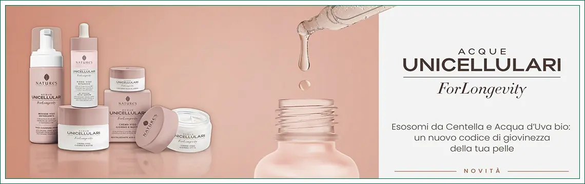 ForLongevity Nature's Bios Line  una linea naturale e biotecnologica che agisce sulle connessioni cellulari alla base di una pelle giovane, grazie allazione antiossidante dell'acqua d'Uva bio e alleffetto stimolante degli esosomi da centella asiatica.