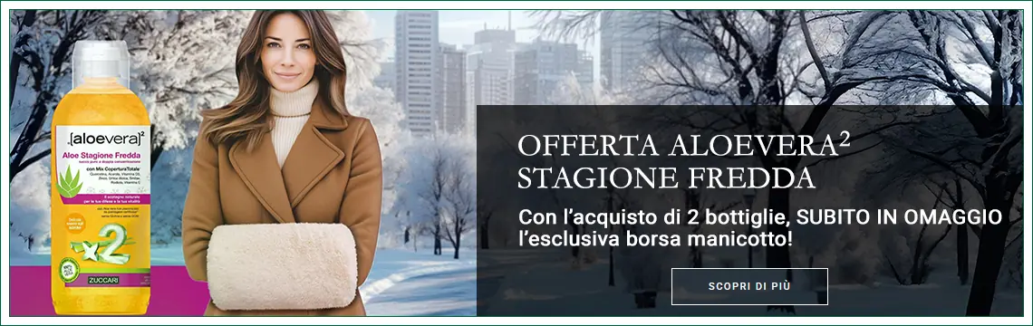 Acquista due bottiglie di Aloevera2 Succo d'aloe Stagione Fredda, subito in omaggio l'esclusiva borsa manicotto!