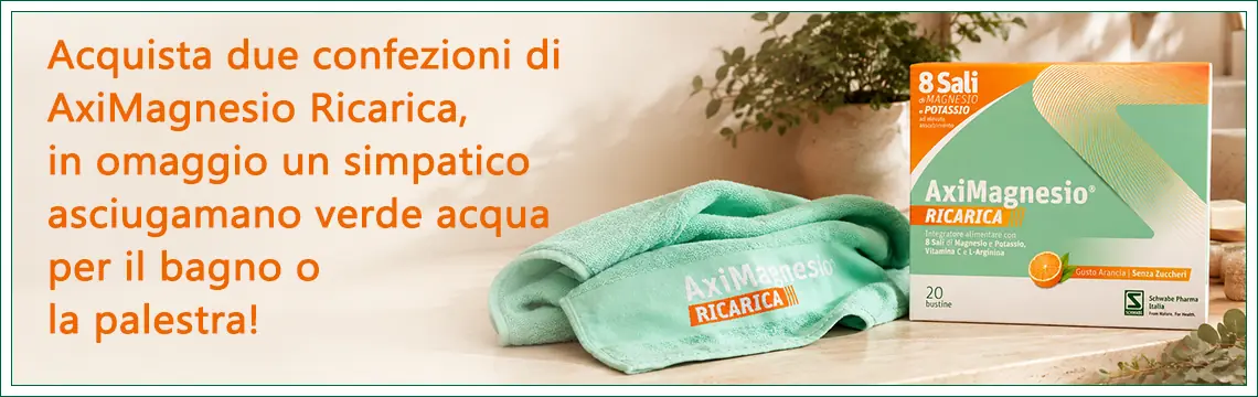 Acquista 2 confezioni di AxiMagnesio Ricarica, in omaggio un simpatico asciugamano verde acqua per il bagno o la palestra!