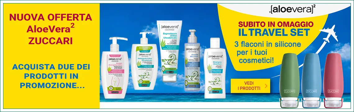 Acquista due prodotti AloeVera2 Zuccari tra Bagnodoccia d'Aloe Ultradelicato, Detergente Intimo Ultradelicato, AloeGyn Detergente Intimo, Shampoo AloeCare, AloeGel Micellare 3-in-1, in omaggio l'esclusivo Travel Kit con 3 flaconi da viaggio in silicone da 90 ml, da riempire con i tuoi cosmetici preferiti e portarli con te in viaggio o in borsa!